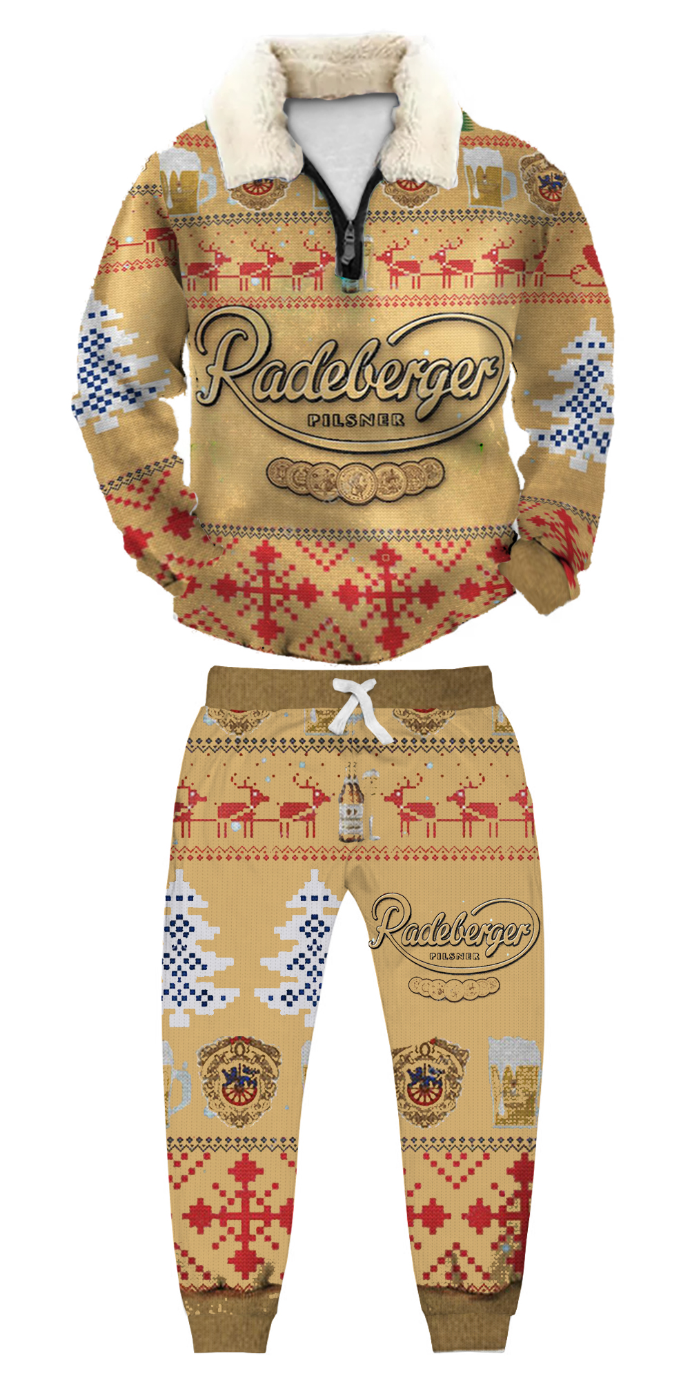 Unisex Christmas 1/4 Zip Stand Fleece Collar Thick Sweatshirt & Sweatpant Set