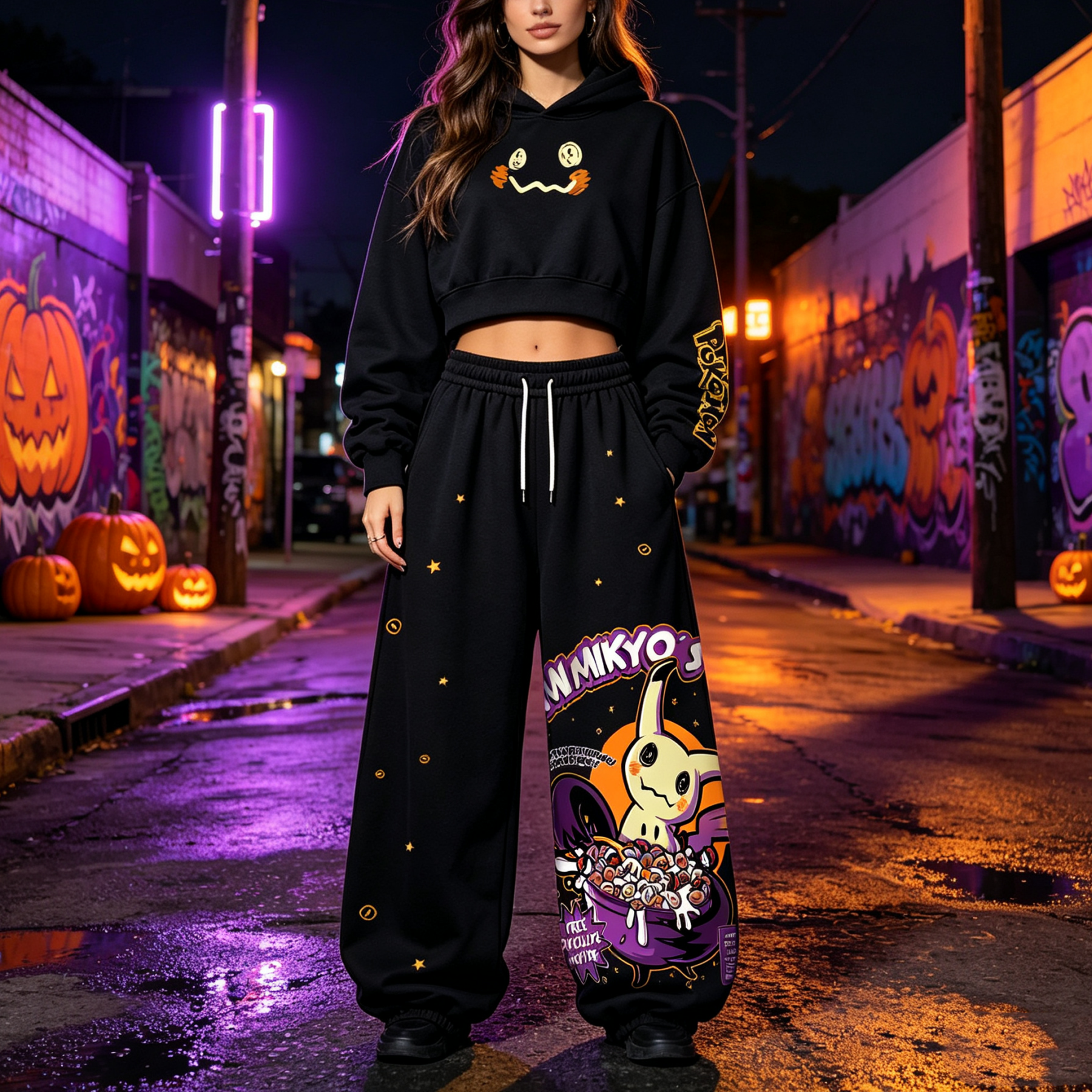 Pokémon Halloween Series Cropped Long Sleeve Hoodie & High Waist Jogger Pants Two Piece