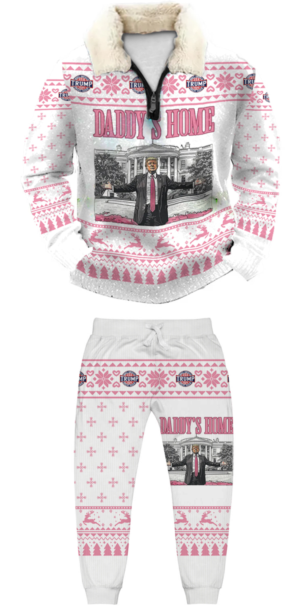 Unisex Christmas 1/4 Zip Stand Fleece Collar Thick Sweatshirt & Sweatpant Set