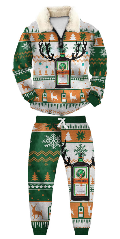 Unisex Christmas 1/4 Zip Stand Fleece Collar Thick Sweatshirt & Sweatpant