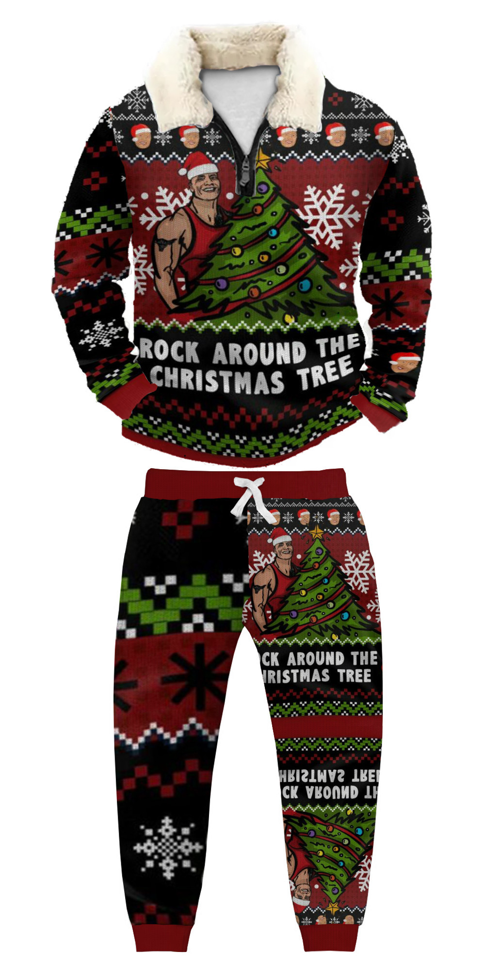 Unisex Christmas 1/4 Zip Stand Fleece Collar Thick Sweatshirt & Sweatpant