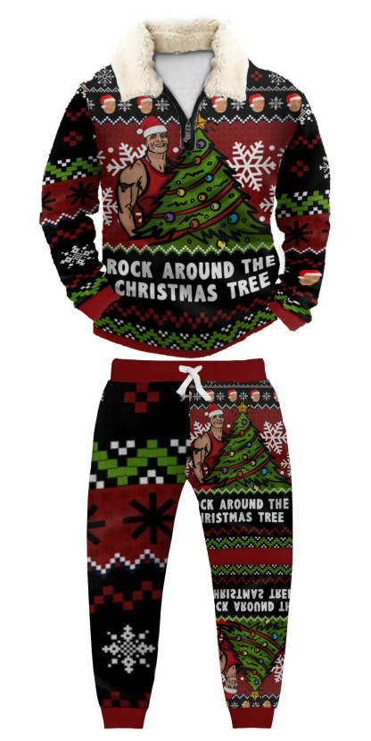 Unisex Christmas 1/4 Zip Stand Fleece Collar Thick Sweatshirt & Sweatpant