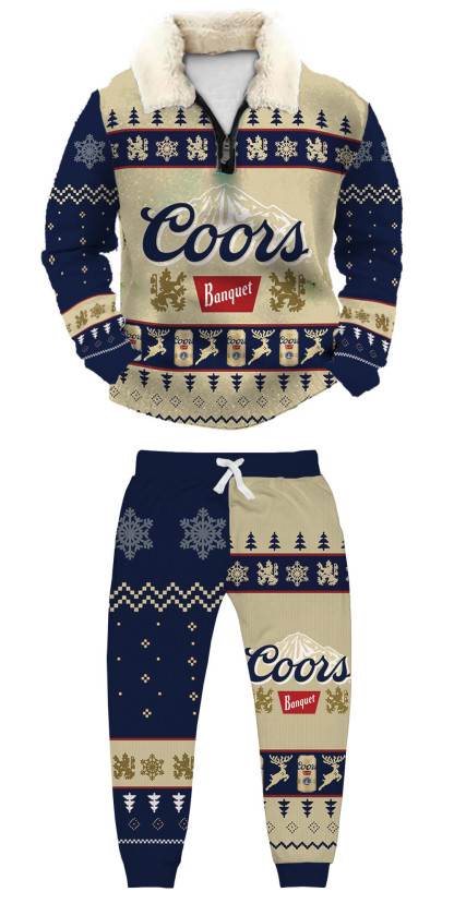 Unisex Christmas 1/4 Zip Stand Fleece Collar Thick Sweatshirt & Sweatpant