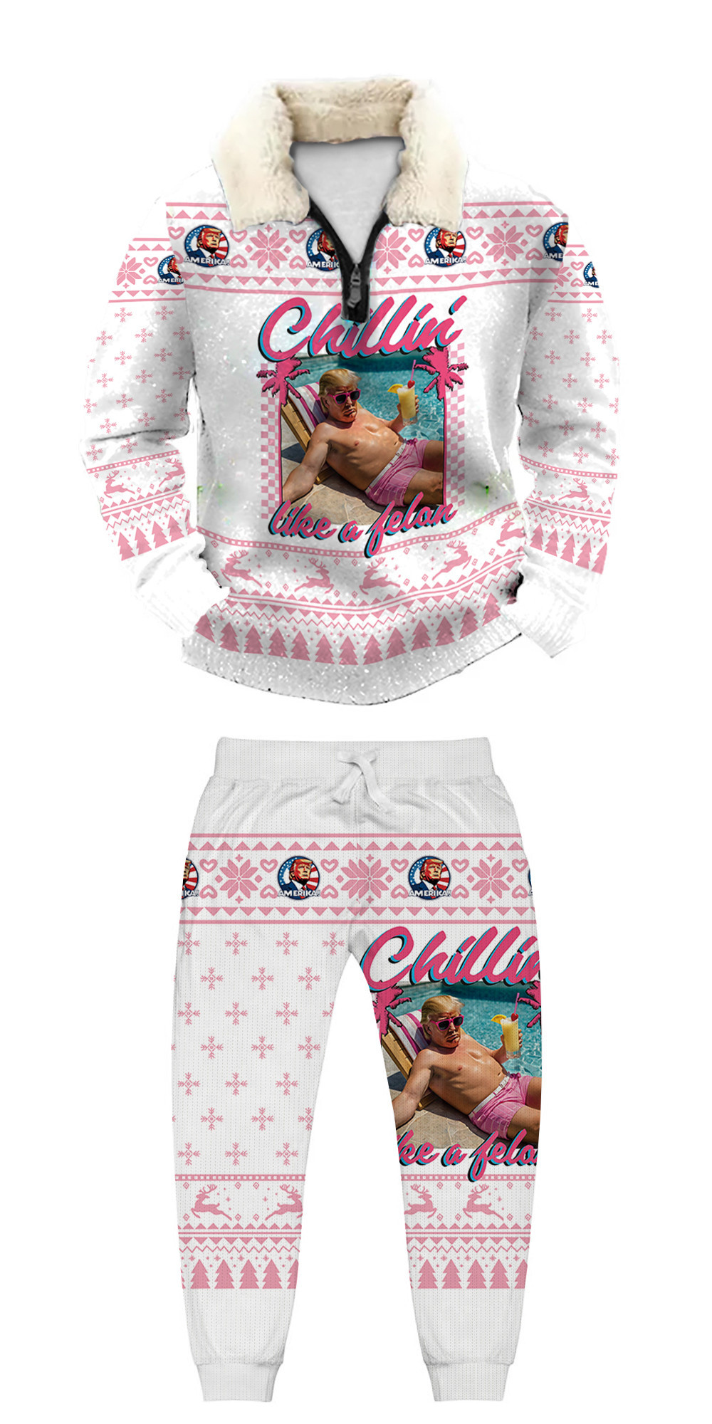 Unisex Christmas 1/4 Zip Stand Fleece Collar Thick Sweatshirt & Sweatpant