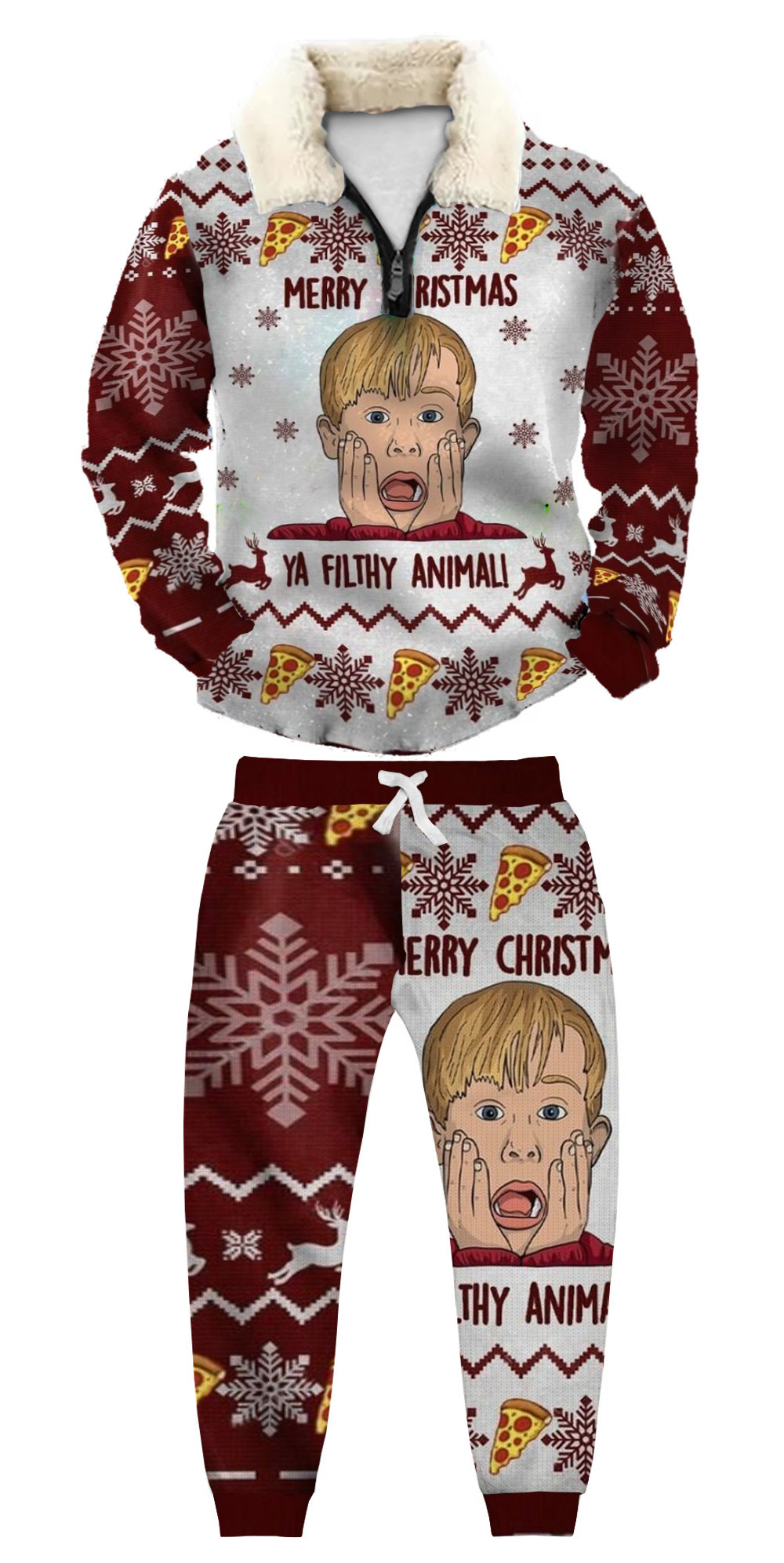 Unisex Christmas 1/4 Zip Stand Fleece Collar Thick Sweatshirt & Sweatpant