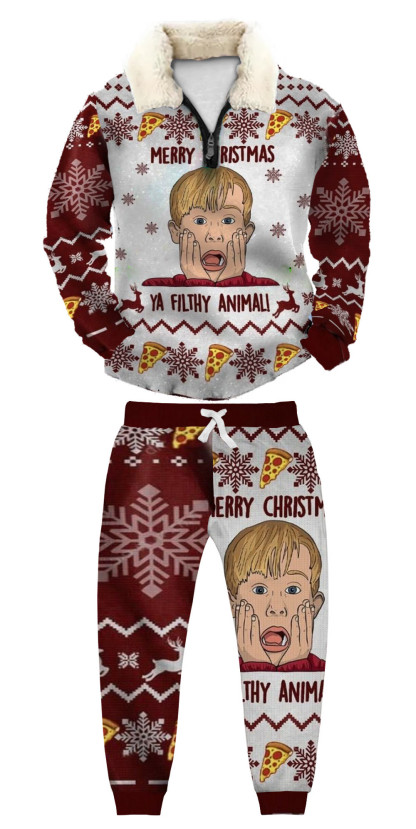 Unisex Christmas 1/4 Zip Stand Fleece Collar Thick Sweatshirt & Sweatpant