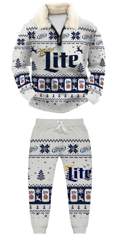 Unisex Christmas 1/4 Zip Stand Fleece Collar Thick Sweatshirt & Sweatpant