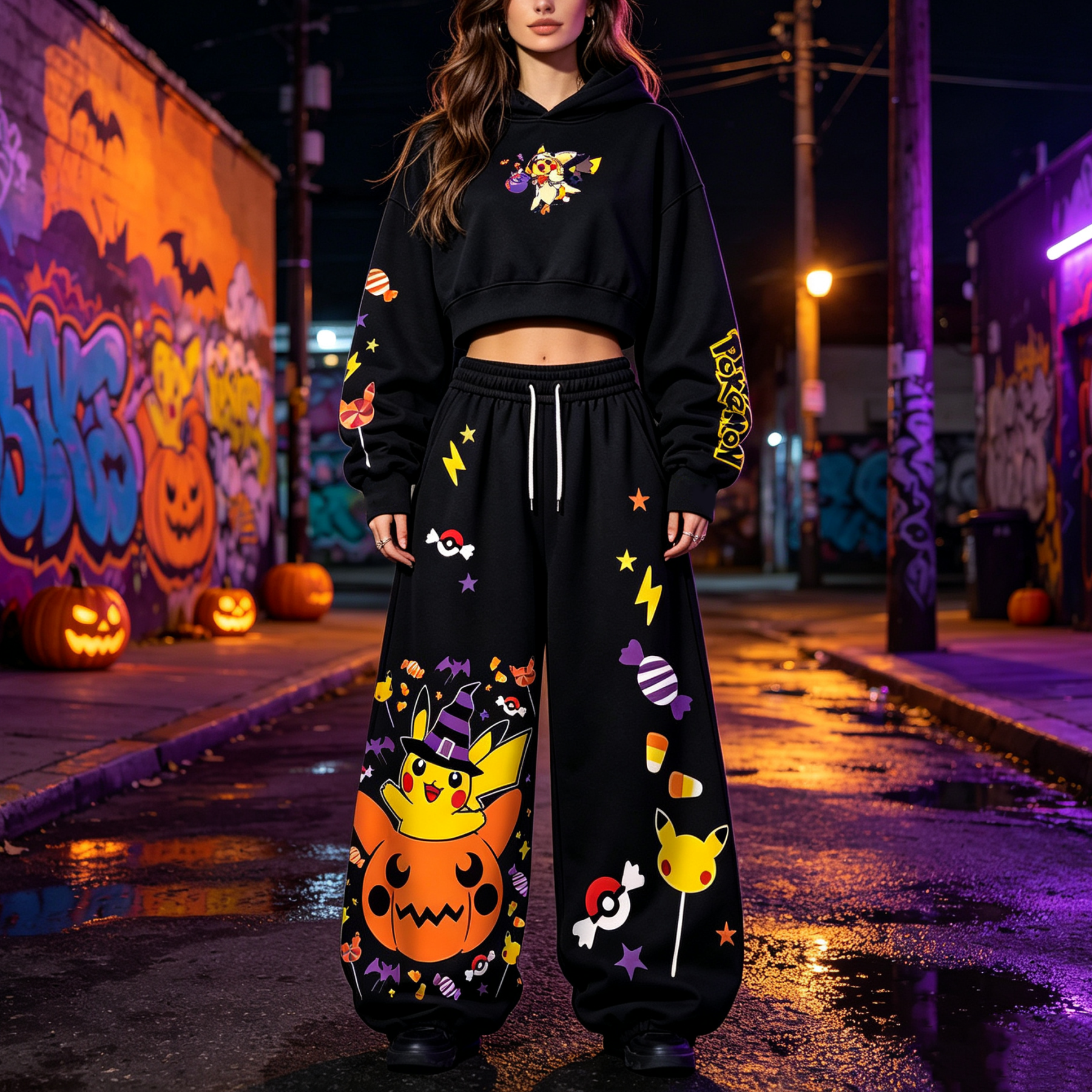 Pokémon Halloween Series Cropped Long Sleeve Hoodie & High Waist Jogger Pants Two Piece