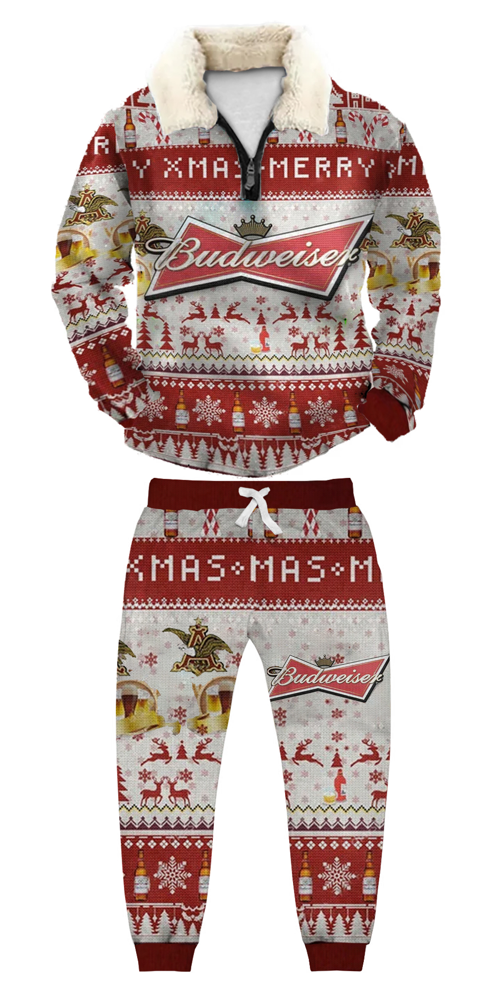 Unisex Christmas 1/4 Zip Stand Fleece Collar Thick Sweatshirt & Sweatpant Set