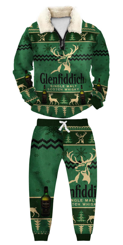 Unisex Christmas 1/4 Zip Stand Fleece Collar Thick Sweatshirt & Sweatpant