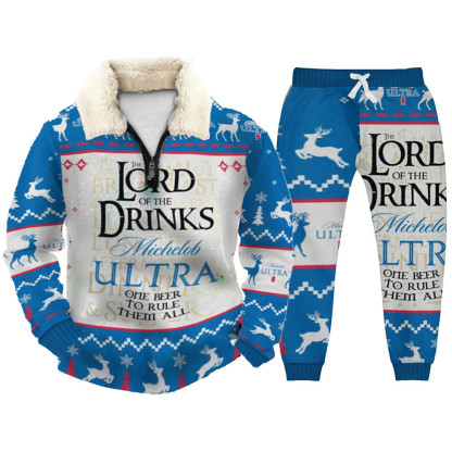 Unisex Christmas 1/4 Zip Stand Fleece Collar Thick Sweatshirt & Sweatpant Set
