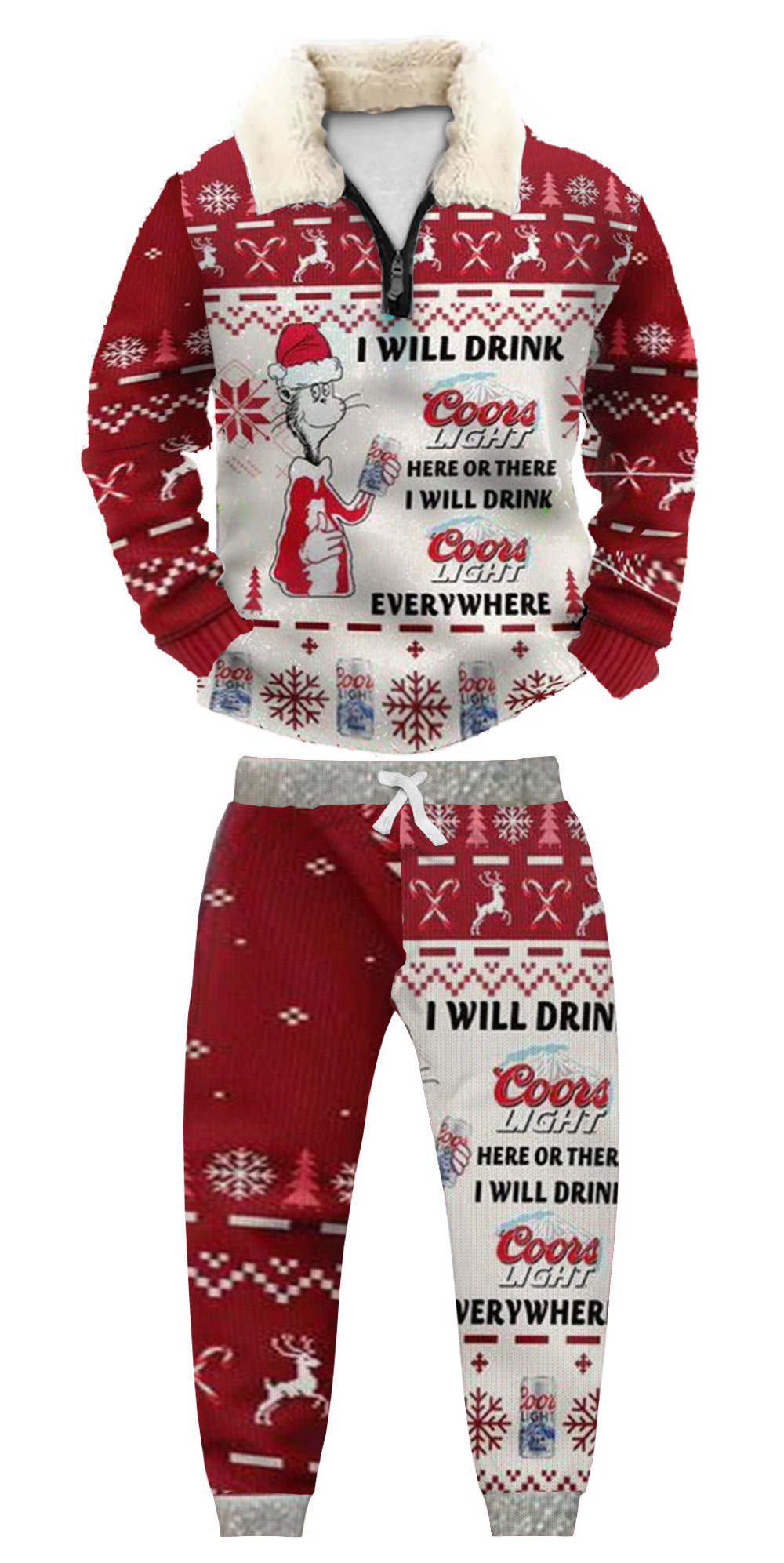 Unisex Christmas 1/4 Zip Stand Fleece Collar Thick Sweatshirt & Sweatpant