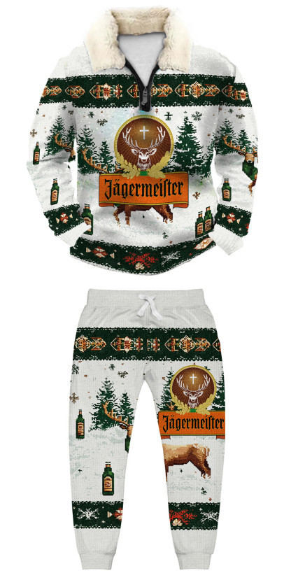 Unisex Christmas 1/4 Zip Stand Fleece Collar Thick Sweatshirt & Sweatpant