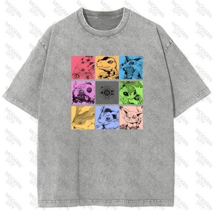 Unisex "Digimon" Anime Graphic Print Washed T-Shirt