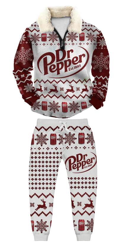 Unisex Christmas 1/4 Zip Stand Fleece Collar Thick Sweatshirt & Sweatpant Set