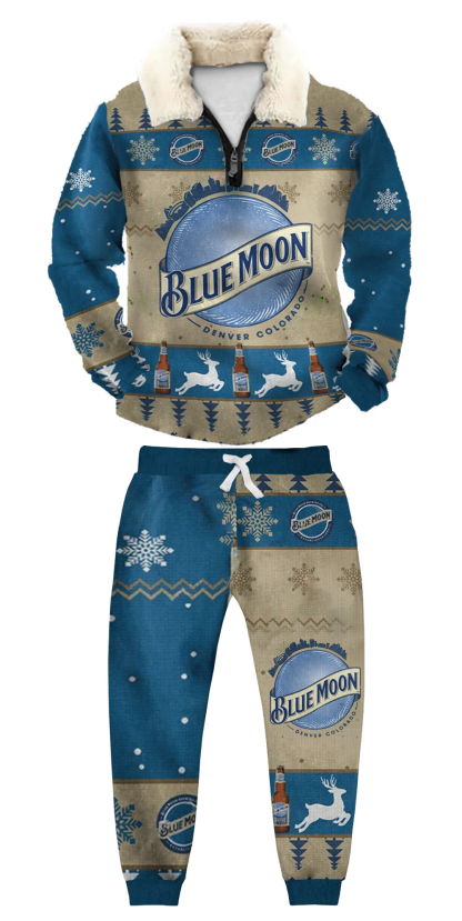 Unisex Christmas 1/4 Zip Stand Fleece Collar Thick Sweatshirt & Sweatpant Set