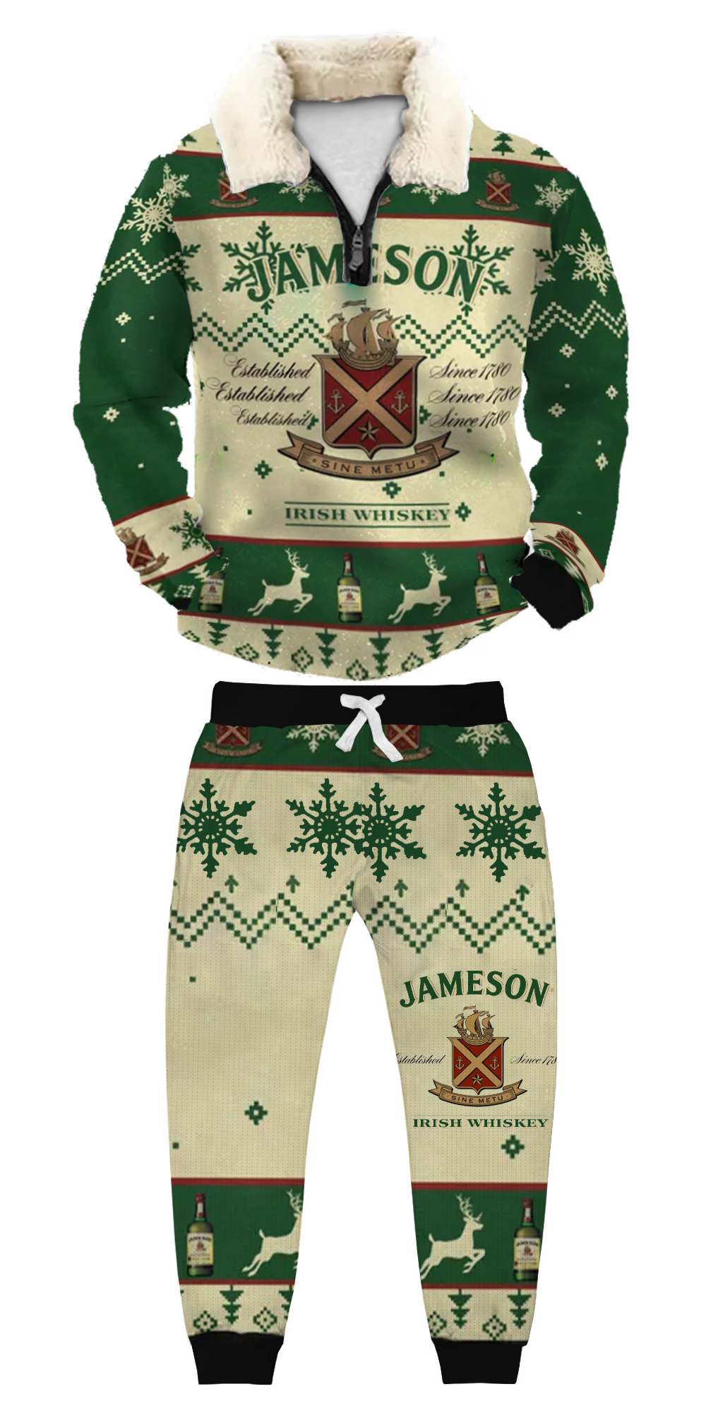 Unisex Christmas 1/4 Zip Stand Fleece Collar Thick Sweatshirt & Sweatpant Set