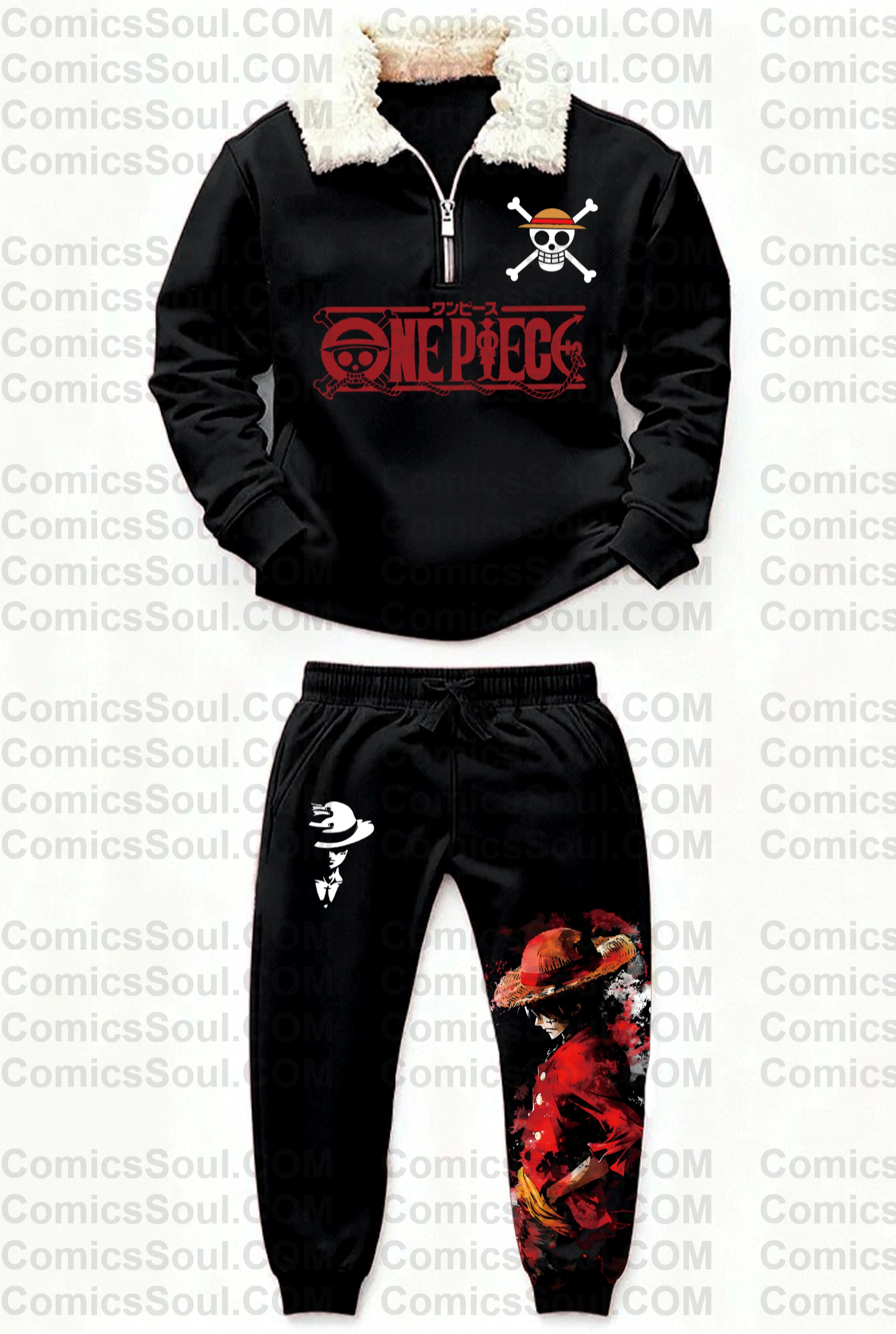 Unisex 1/4 Zip Anime Stand Fleece Collar Thick Sweatshirt & Sweatpant