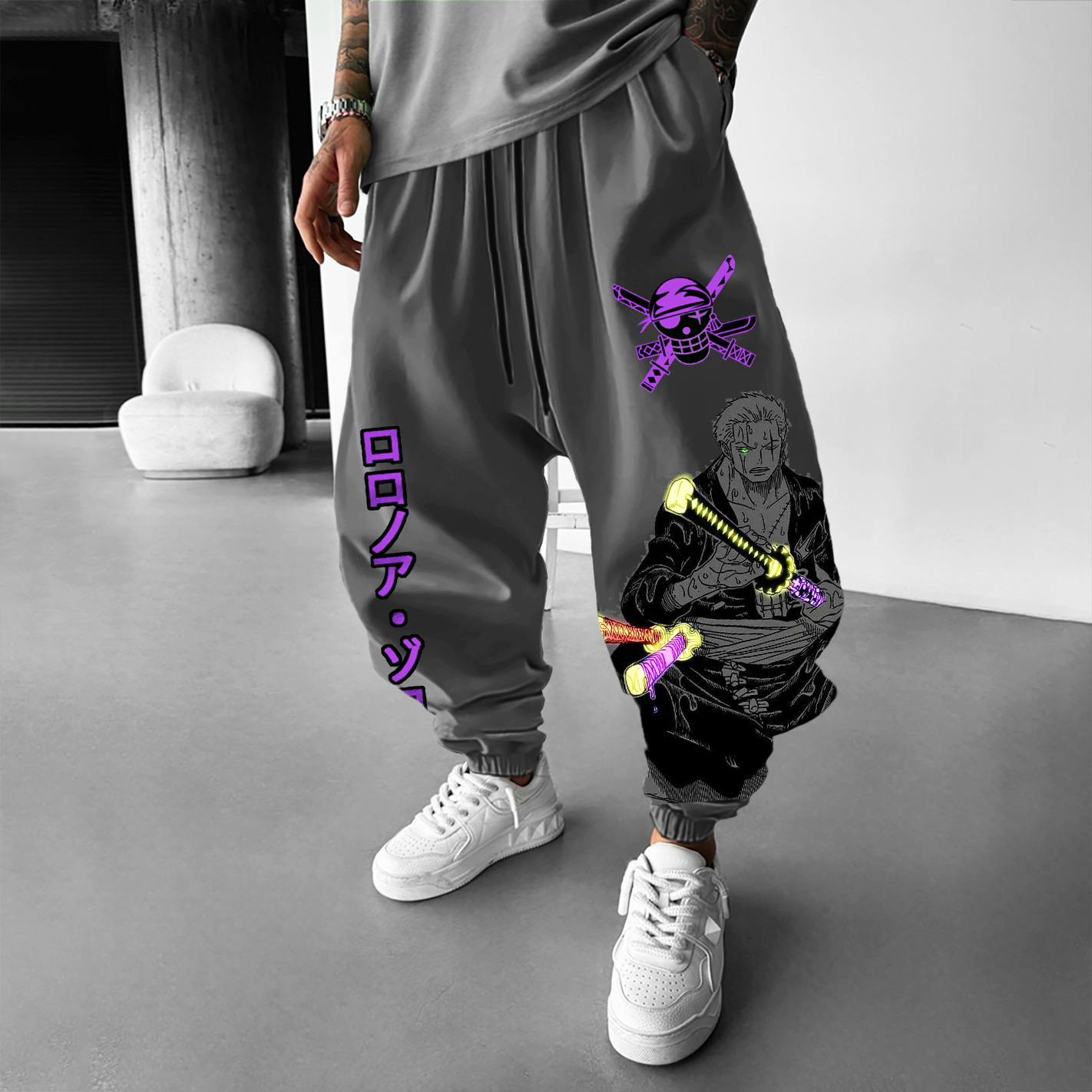 Unisex Cartoon Straw Hat Pirate Print Loose Harem Pants