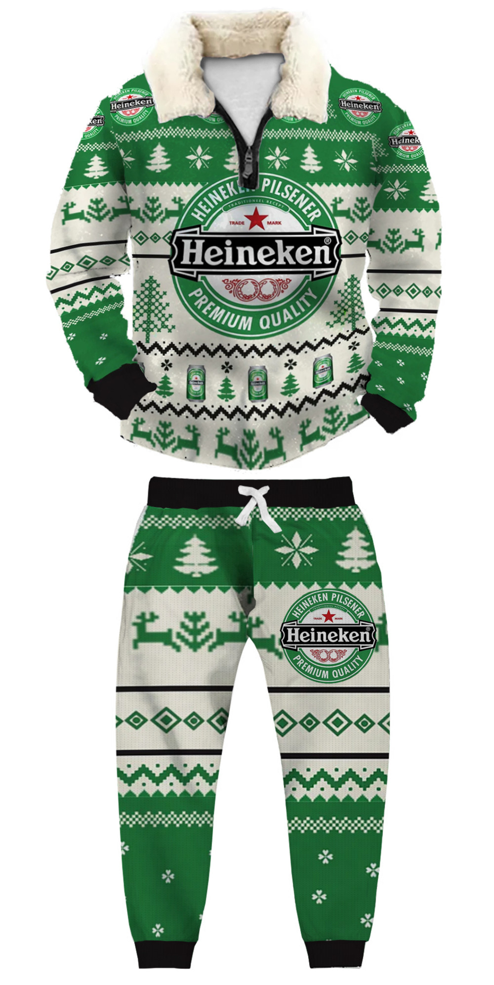 Unisex Christmas 1/4 Zip Stand Fleece Collar Thick Sweatshirt & Sweatpant Set