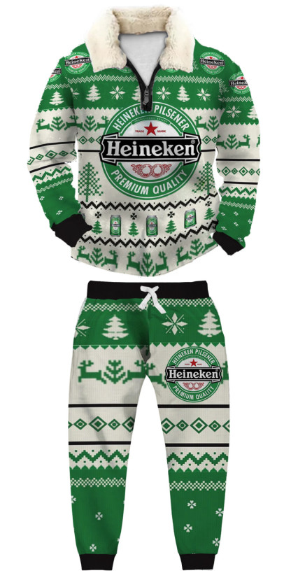 Unisex Christmas 1/4 Zip Stand Fleece Collar Thick Sweatshirt & Sweatpant Set