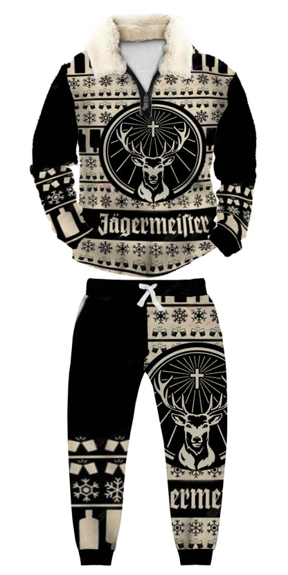 Unisex Christmas 1/4 Zip Stand Fleece Collar Thick Sweatshirt & Sweatpant