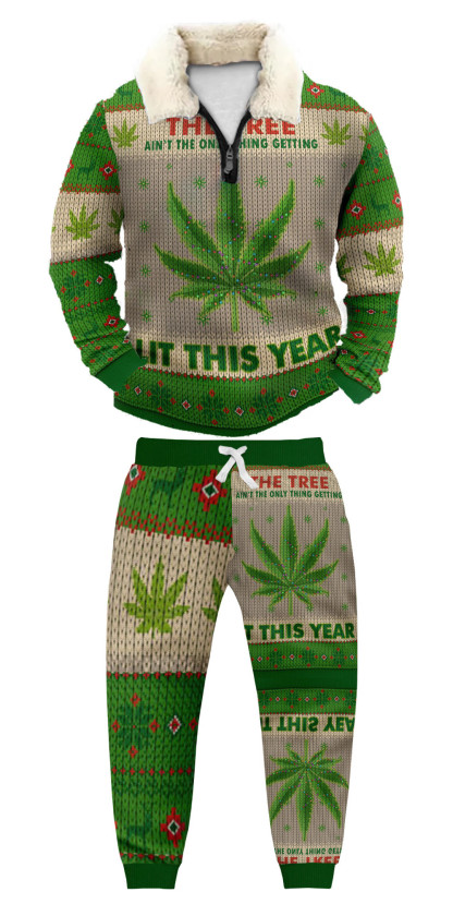 Unisex Christmas 1/4 Zip Stand Fleece Collar Thick Sweatshirt & Sweatpant