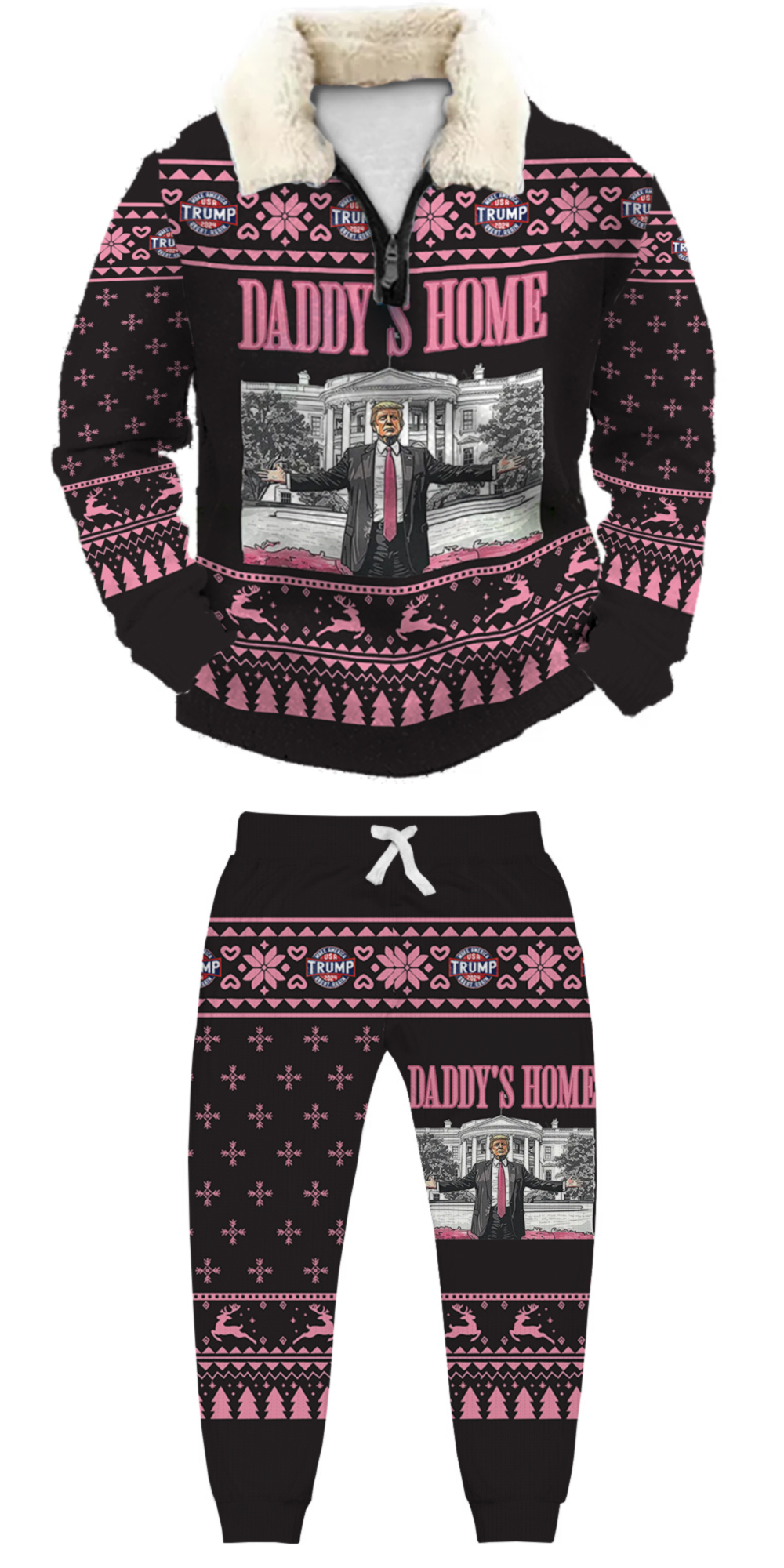 Unisex Christmas 1/4 Zip Stand Fleece Collar Thick Sweatshirt & Sweatpant Set