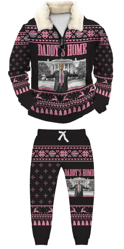 Unisex Christmas 1/4 Zip Stand Fleece Collar Thick Sweatshirt & Sweatpant Set