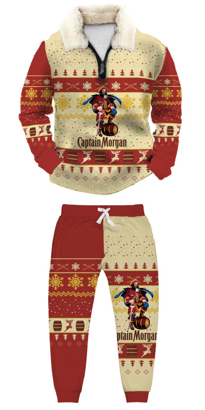 Unisex Christmas 1/4 Zip Stand Fleece Collar Thick Sweatshirt & Sweatpant