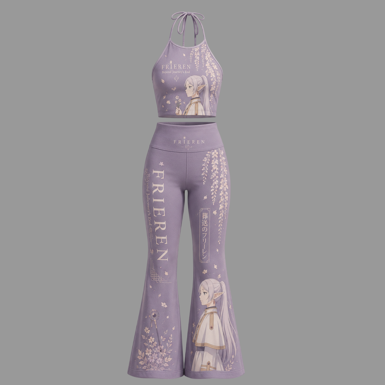 Frieren Halter Crop Top + High Waist Flared Pants Matching 2-Piece Set