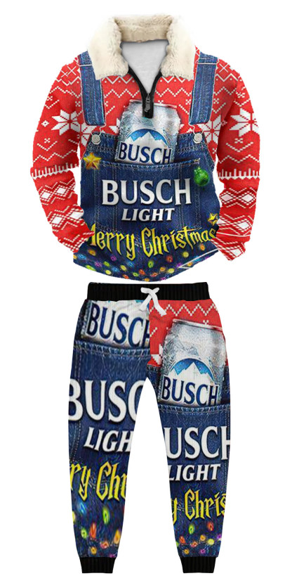 Unisex Christmas 1/4 Zip Stand Fleece Collar Thick Sweatshirt & Sweatpant