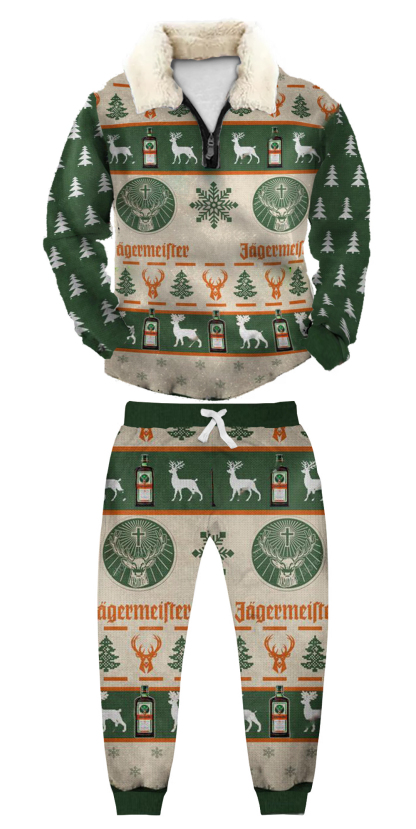 Unisex Christmas 1/4 Zip Stand Fleece Collar Thick Sweatshirt & Sweatpant Set