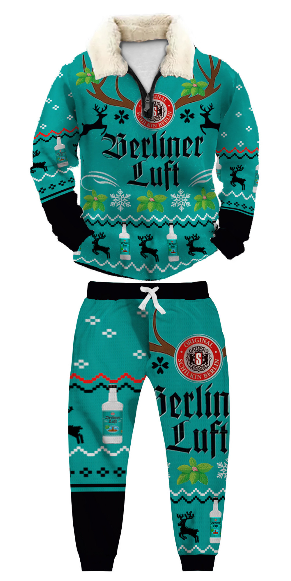 Unisex Christmas 1/4 Zip Stand Fleece Collar Thick Sweatshirt & Sweatpant