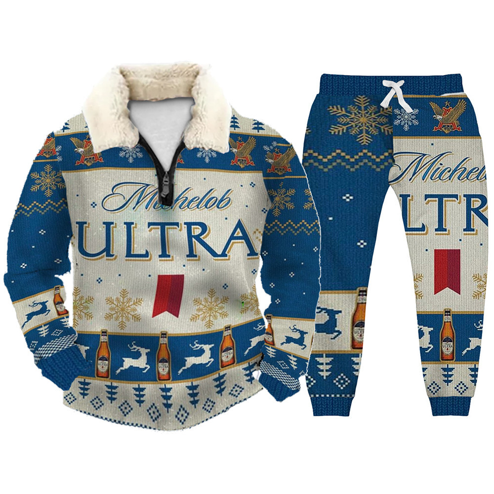 Unisex Christmas 1/4 Zip Stand Fleece Collar Thick Sweatshirt & Sweatpant Set