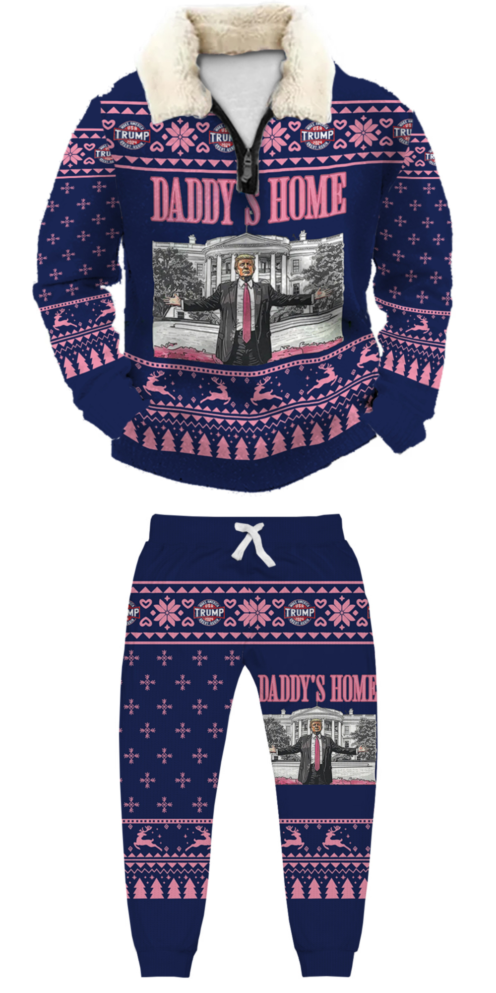 Unisex Christmas 1/4 Zip Stand Fleece Collar Thick Sweatshirt & Sweatpant Set