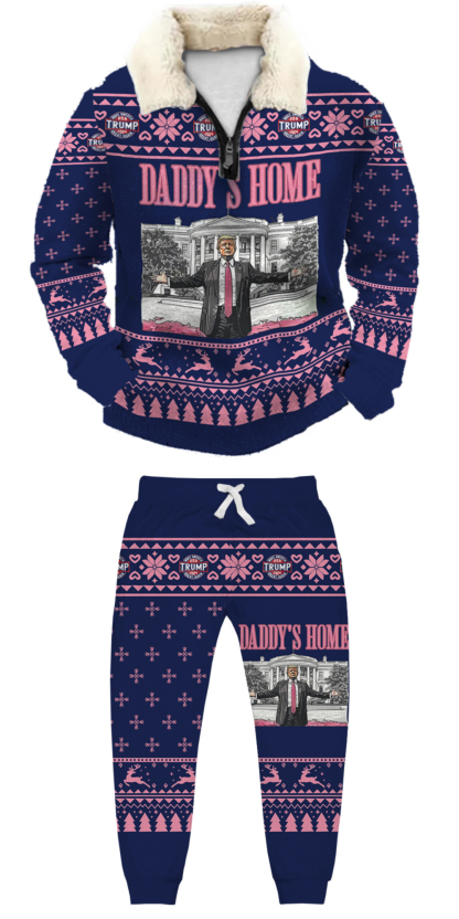 Unisex Christmas 1/4 Zip Stand Fleece Collar Thick Sweatshirt & Sweatpant Set