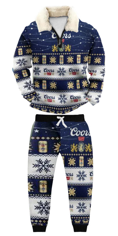 Unisex Christmas 1/4 Zip Stand Fleece Collar Thick Sweatshirt & Sweatpant