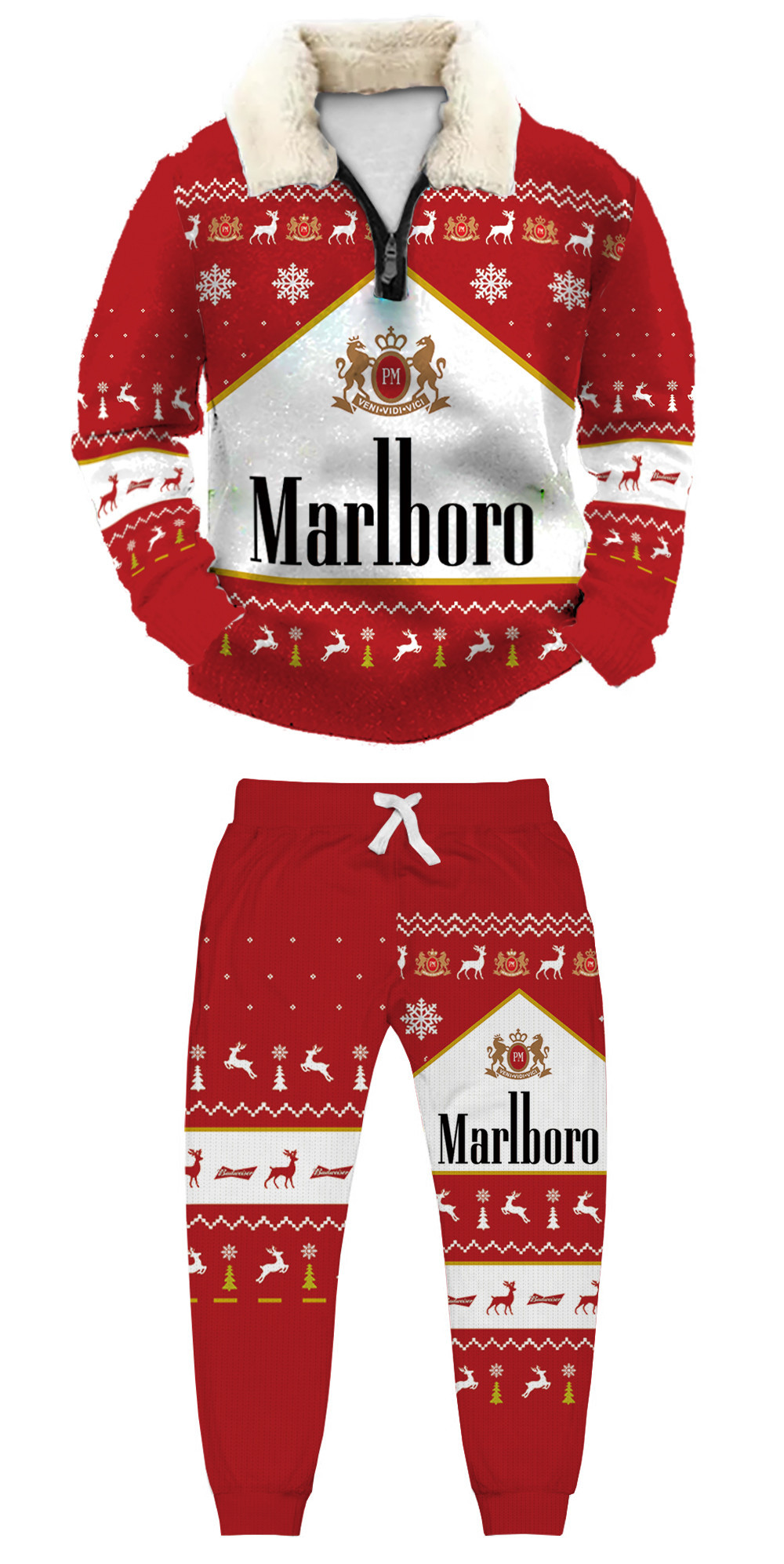 Unisex Christmas 1/4 Zip Stand Fleece Collar Thick Sweatshirt & Sweatpant