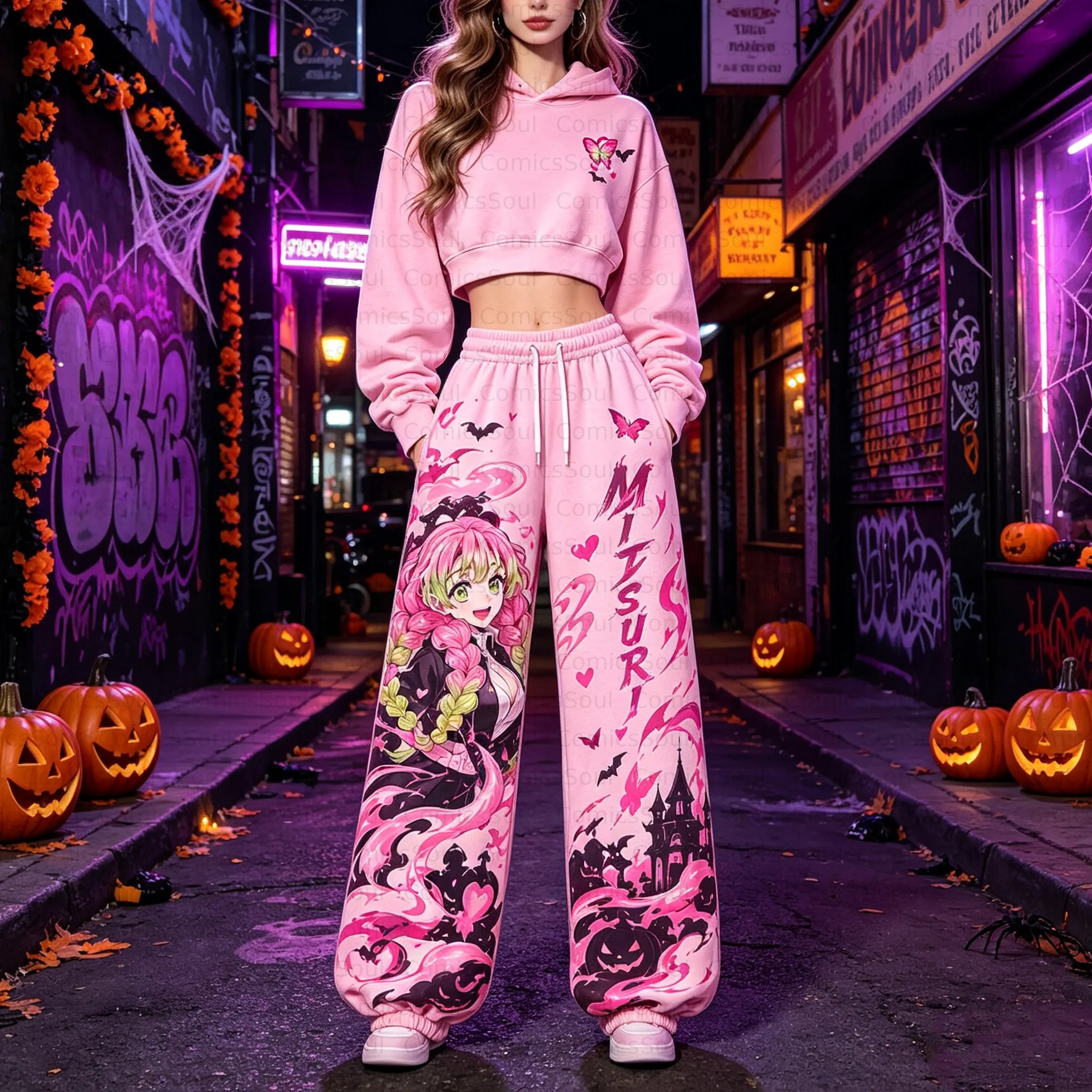 Demon Slayer Cropped Long Sleeve Hoodie & High Waist Jogger Pants Two Piece