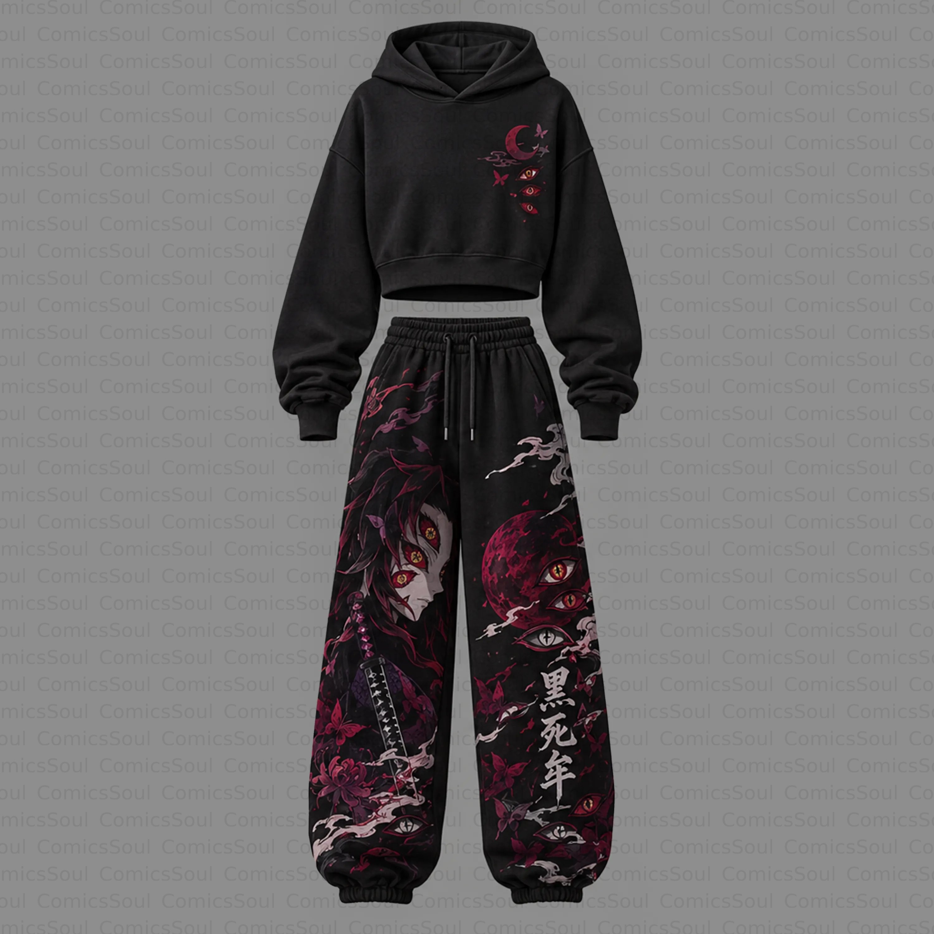 Demon Slayer Cropped Long Sleeve Hoodie & High Waist Jogger Pants Two Piece