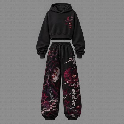 Demon Slayer Cropped Long Sleeve Hoodie & High Waist Jogger Pants Two Piece