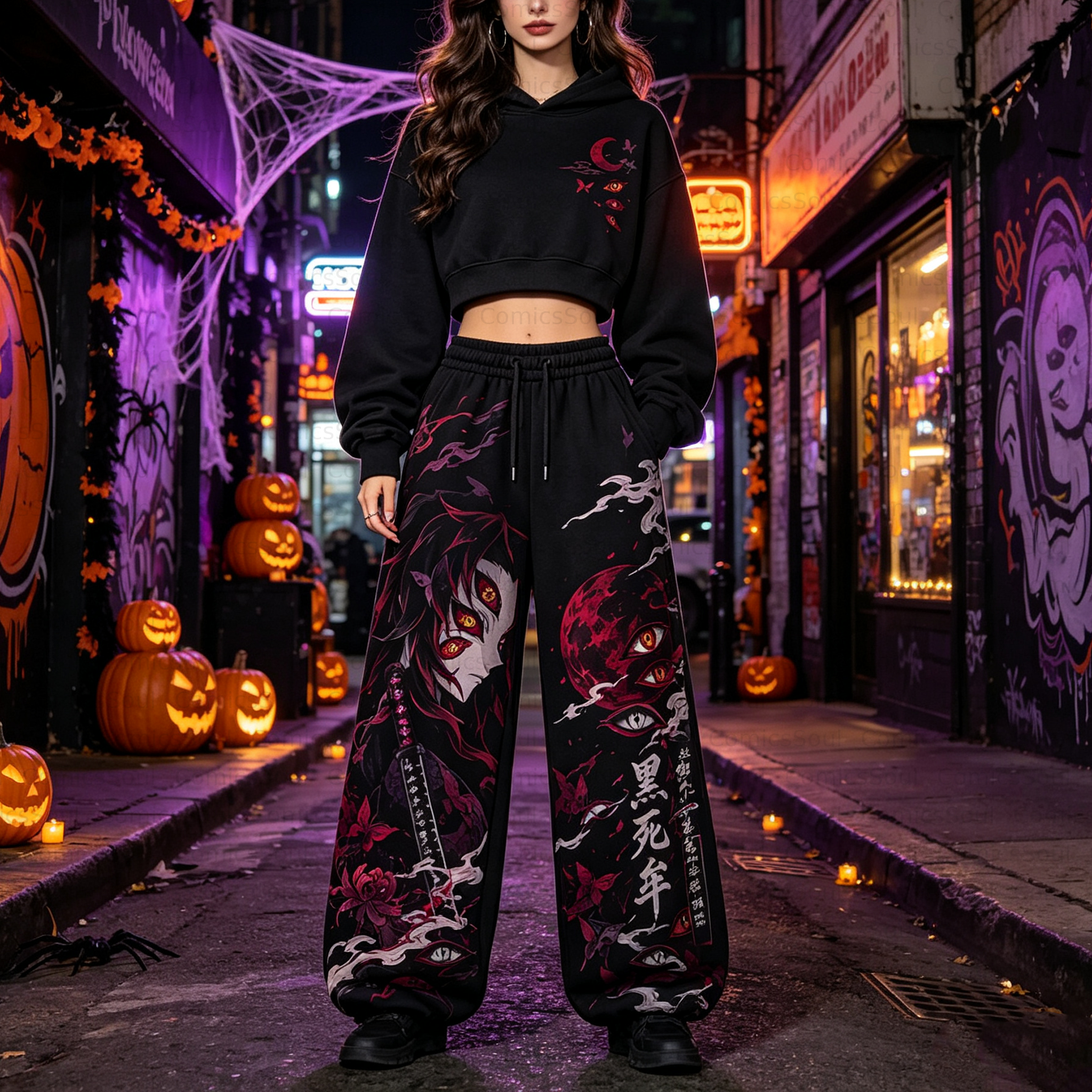 Demon Slayer Cropped Long Sleeve Hoodie & High Waist Jogger Pants Two Piece