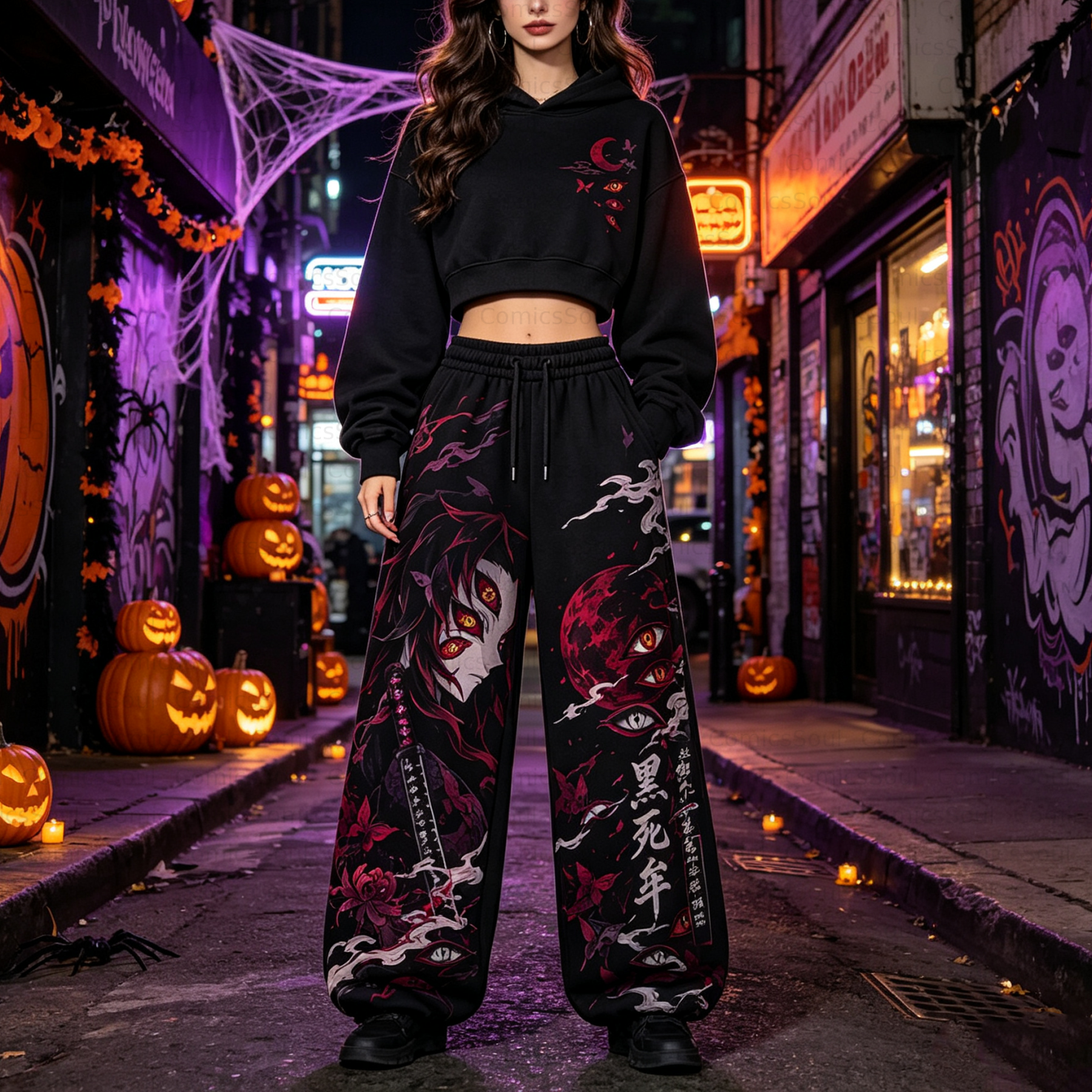 Demon Slayer Cropped Long Sleeve Hoodie & High Waist Jogger Pants Two Piece