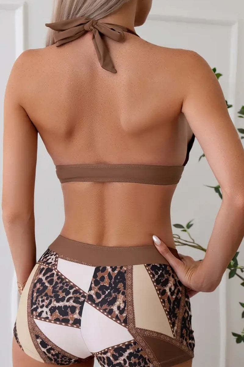 Leopard Mixed Print Halter Collar Beachy Bikini