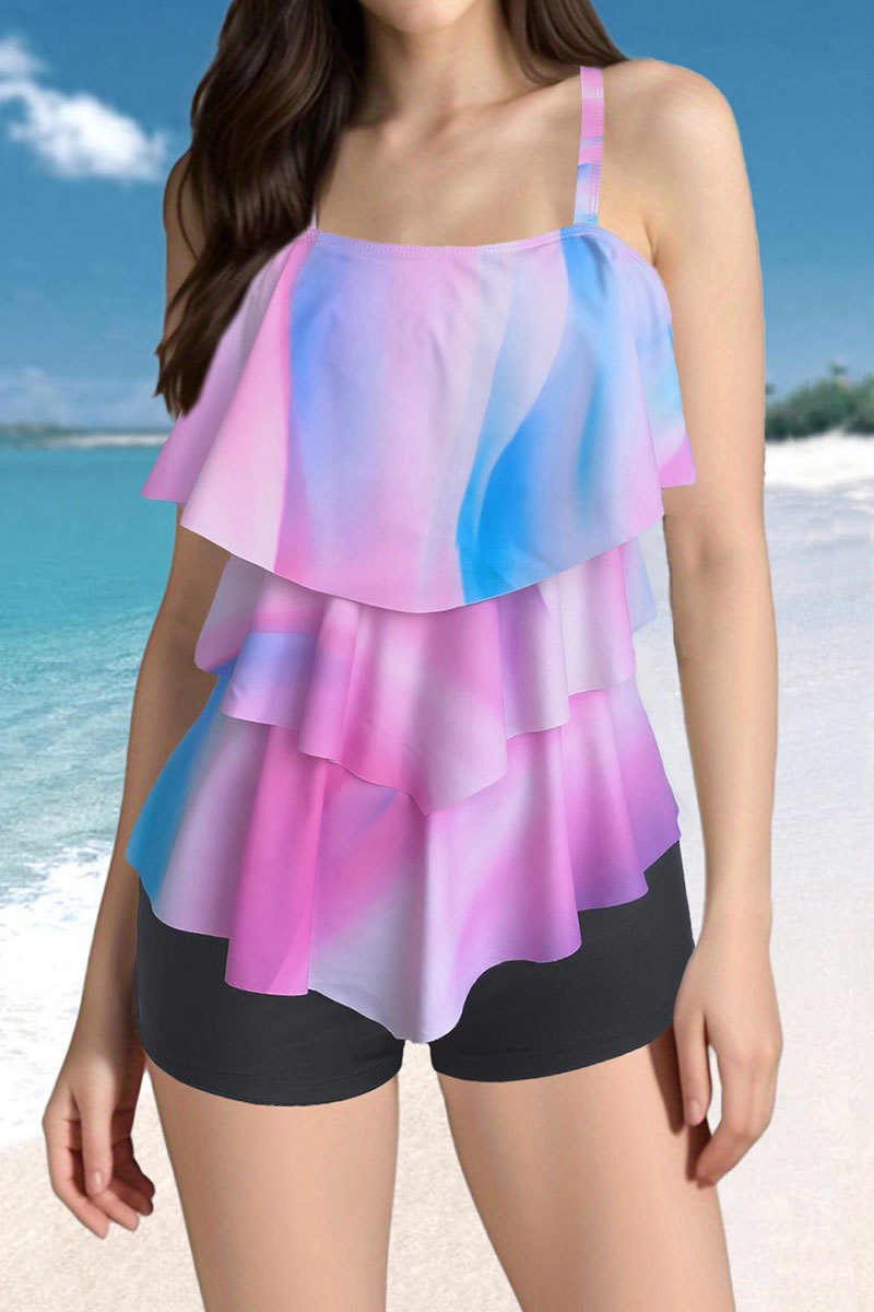 Gradient Pretty Irregular Tiered Ruffles Tankini