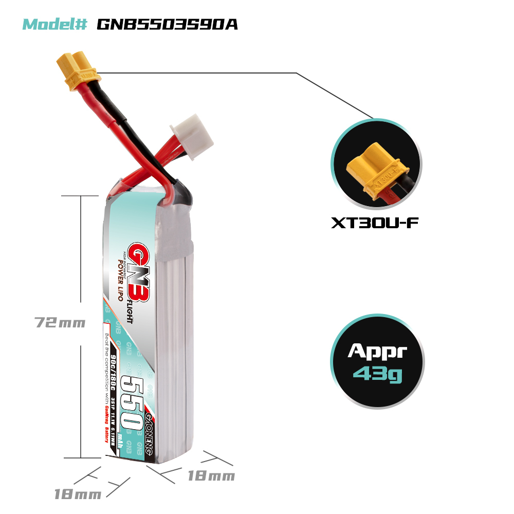 GAONENG GNB 3S 11.1V 550mAh 90C XT30 LiPo Battery Long Type
