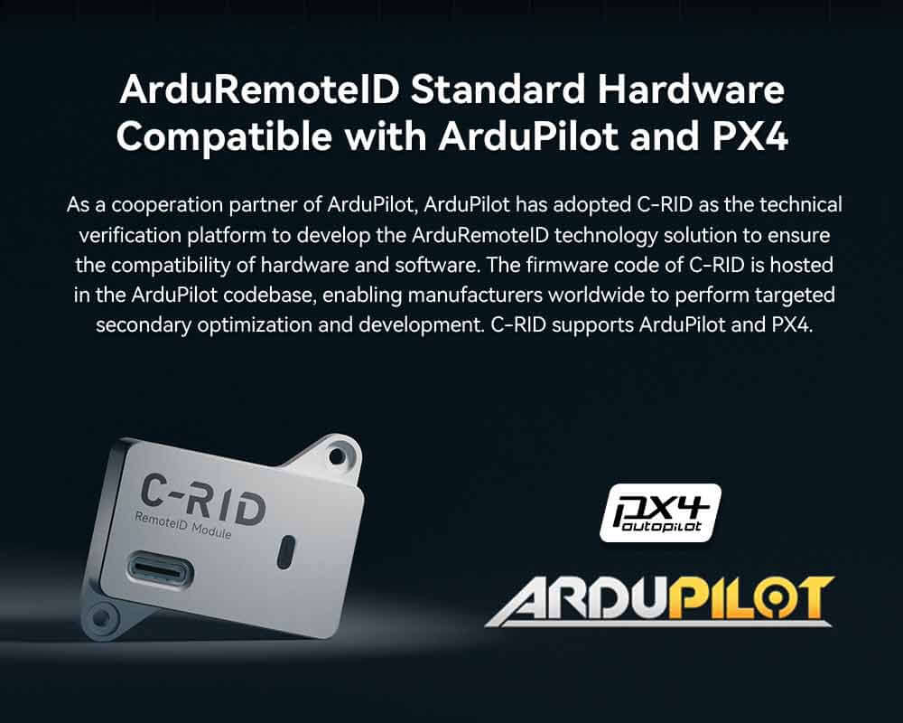 C-RID Remote ID Feature: ArduRemoteID Standard Hardware Compatible with ArduPilot and PX4