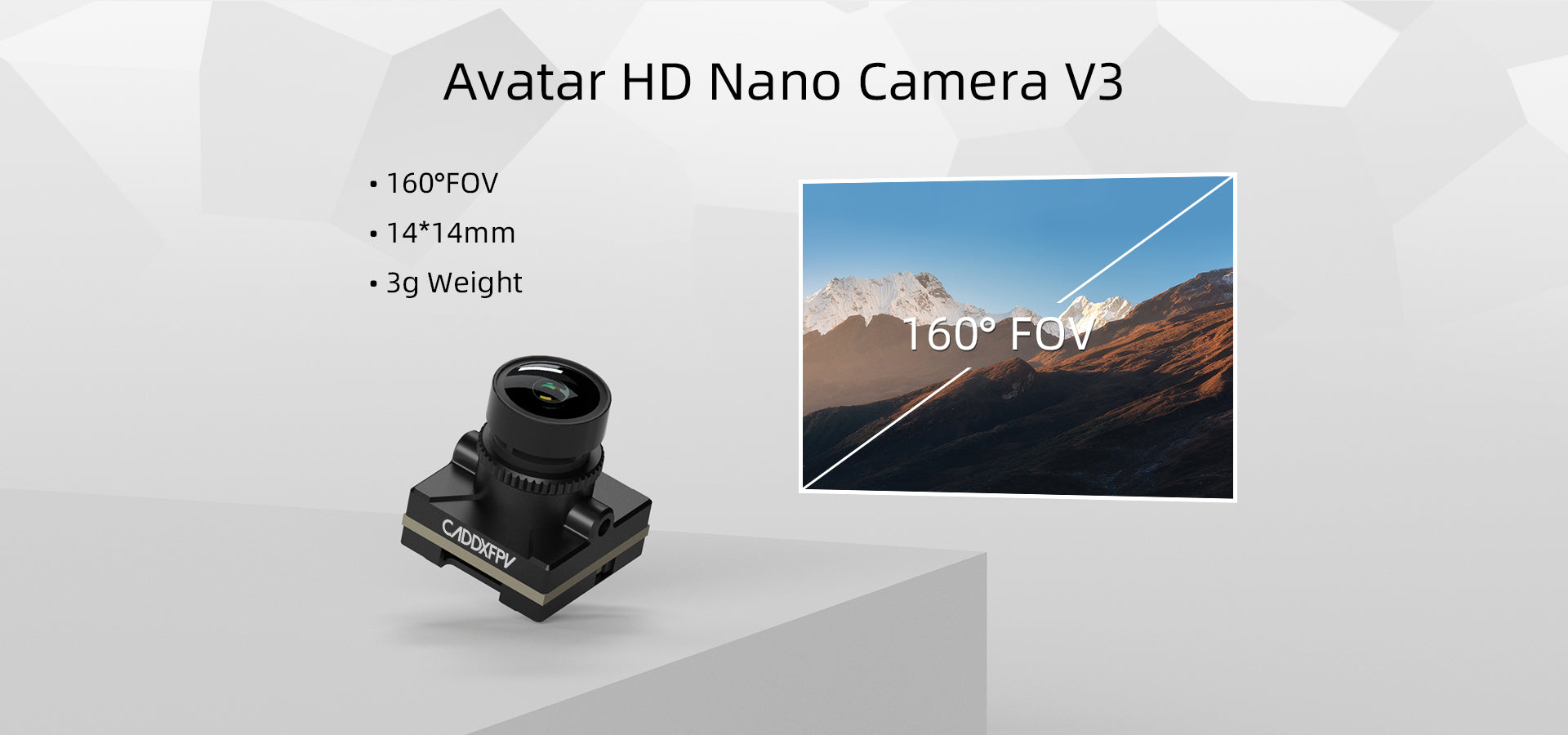 Nano camera V3 with dimensions of 14*14cm and a weight of only 3g, equipped with a 2.1mm lens and 160&deg; FOV