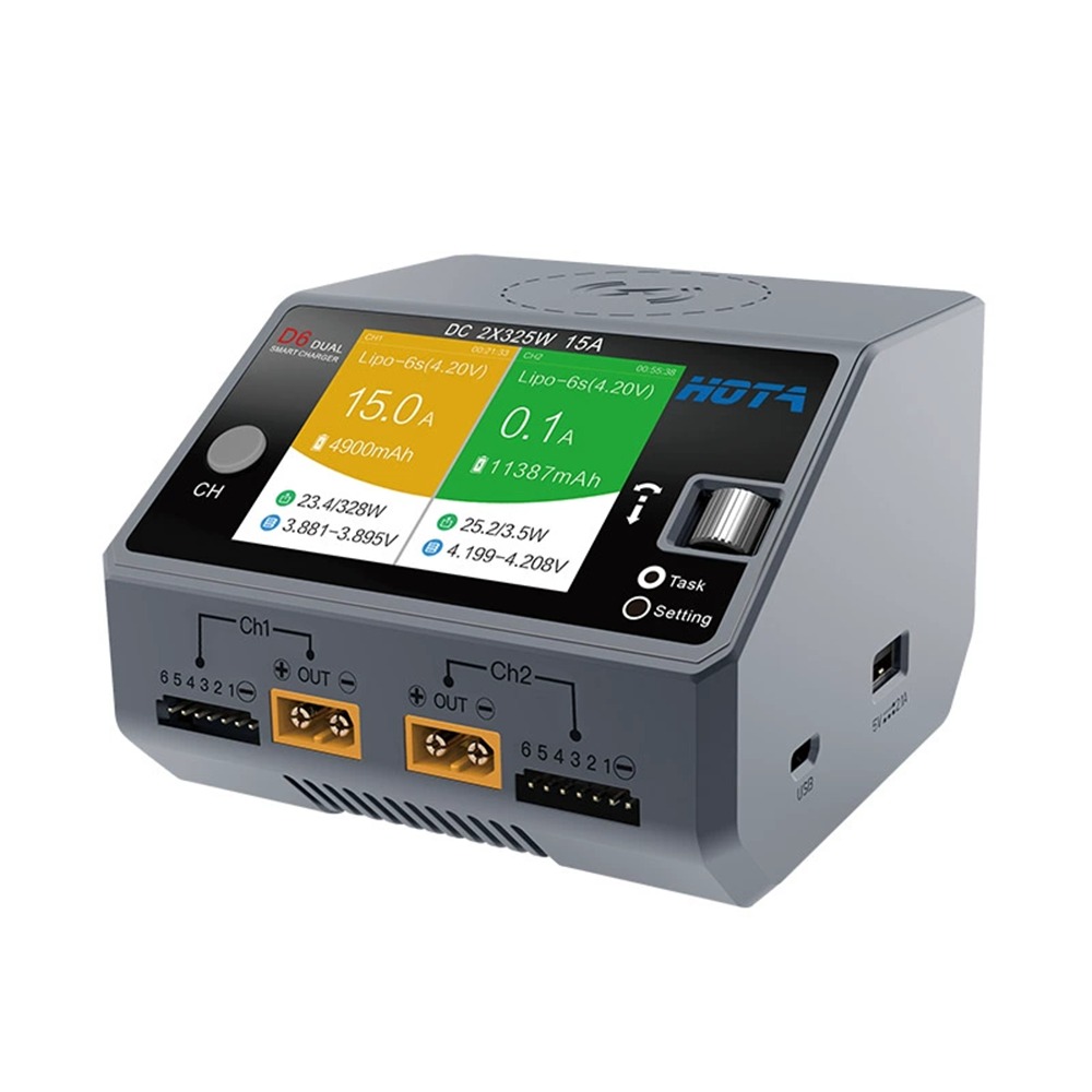 HOTA D6 Dual Smart Charger DC650W 15A Maximum current 1600mA Built-in Micro USB for 1-6S Lipo LiHV/NiZn/Nicd/NiMH Battery-HPXGRC